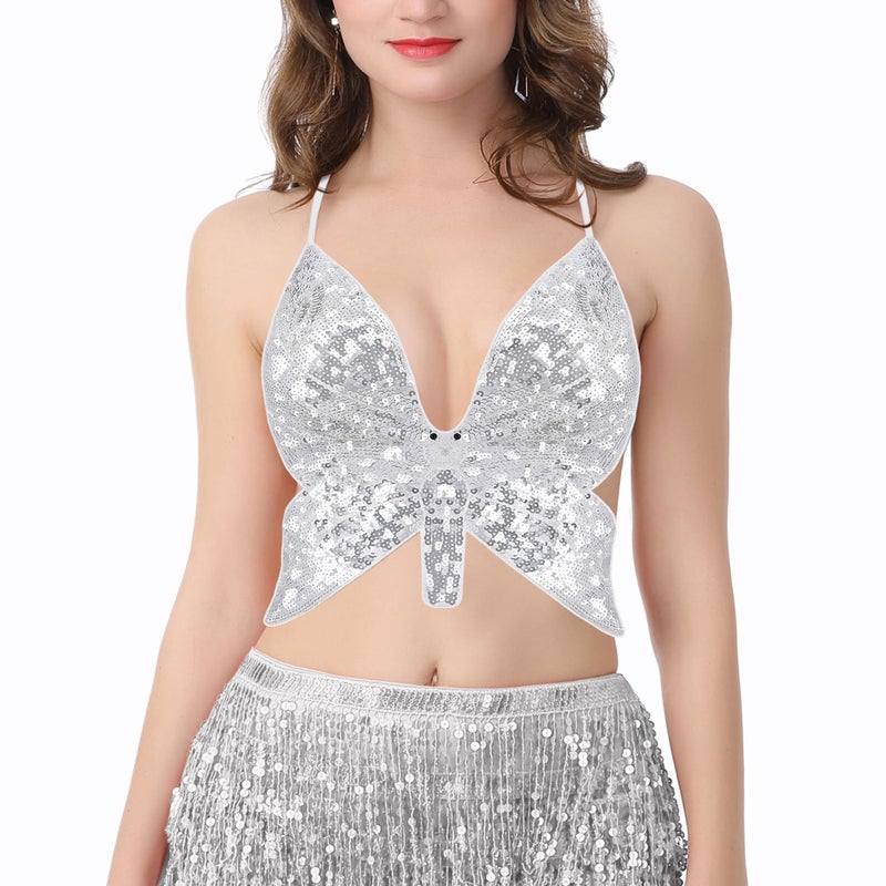Mocure Womens Sparkly Butterfly Sequin Crop Tops Sexy Trendy Sleeveless Cute Butterfly Halter Tops Rave - Image 2